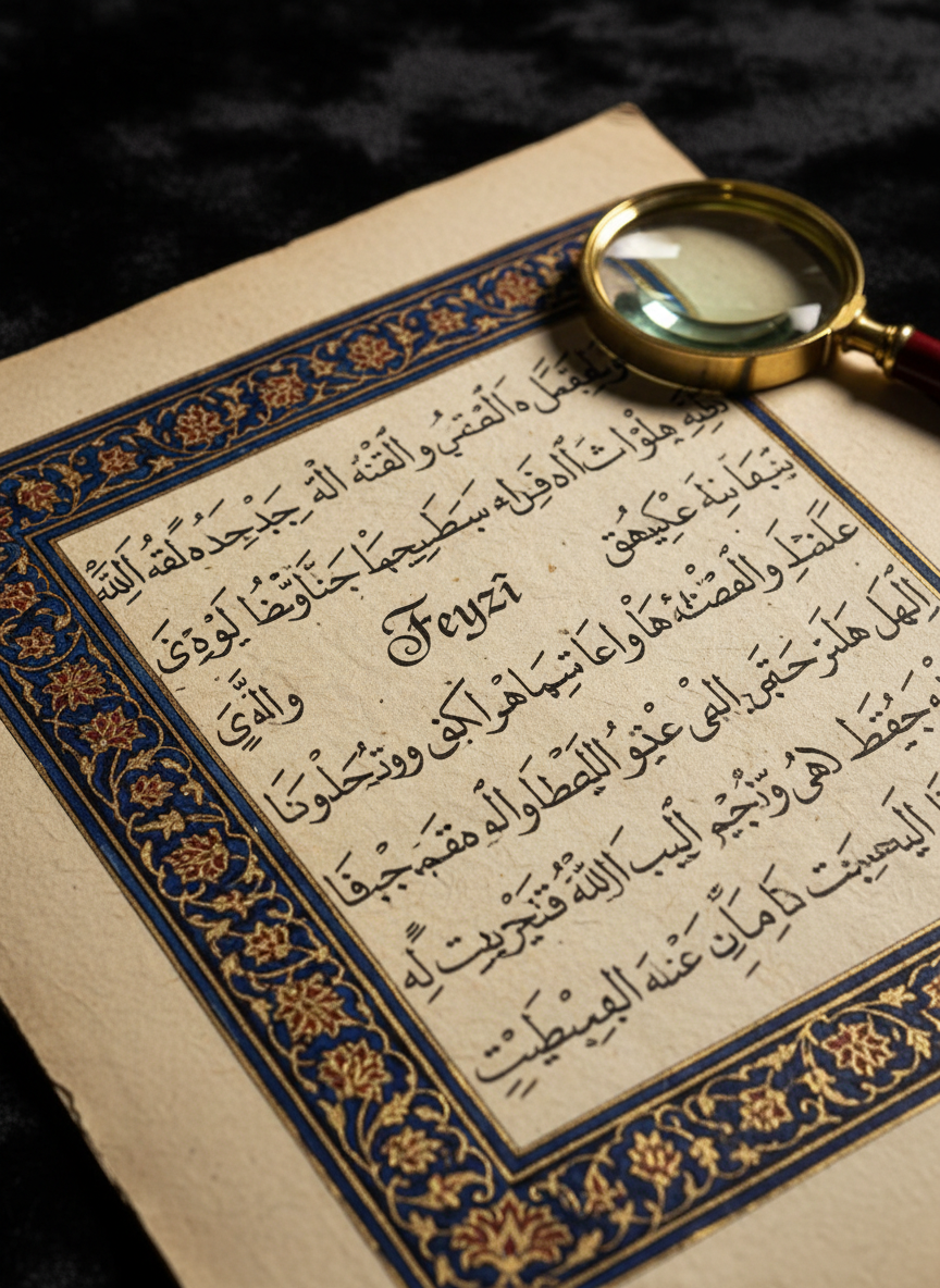 A detailed close-up of an aged Ottoman-era manuscript page from a mesnevi, laid flat on a dark, velvety surface. The textured, slightly yellowed paper shows delicate ink lines and decorative illuminated borders in deep blues and golds, with the word “Feyzî” clearly visible in elegant script. A small magnifying glass rests at the edge of the frame, hinting at careful scholarly study. Soft, focused spotlighting from above creates dramatic yet refined highlights on the raised paint and subtle shadows in the paper’s fibers. Shot in photographic realism with a macro lens and shallow depth of field, the composition is intimate and reverent, capturing the seriousness of literary biography and textual analysis.