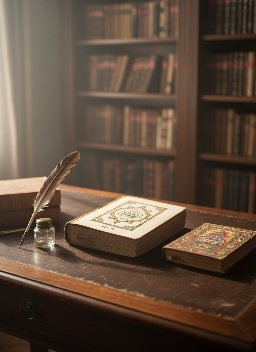A meticulously arranged antique writing desk in a quiet study, featuring a worn leather-bound Ottoman divan of poetry open to a page headed “Feyzî,” beside a delicately illuminated manuscript of a mesnevi. The dark walnut surface shows subtle scratches and patina, with an inkwell and quill resting nearby. Soft, diffused morning light enters through an unseen window, creating gentle highlights on the gilded calligraphy and casting long, calm shadows across the desk. Shot at eye level in photographic realism with a shallow depth of field, the books are in sharp focus while shelves of blurred, aged volumes recede into the background, evoking a professional, scholarly atmosphere suitable for a serious biography site.