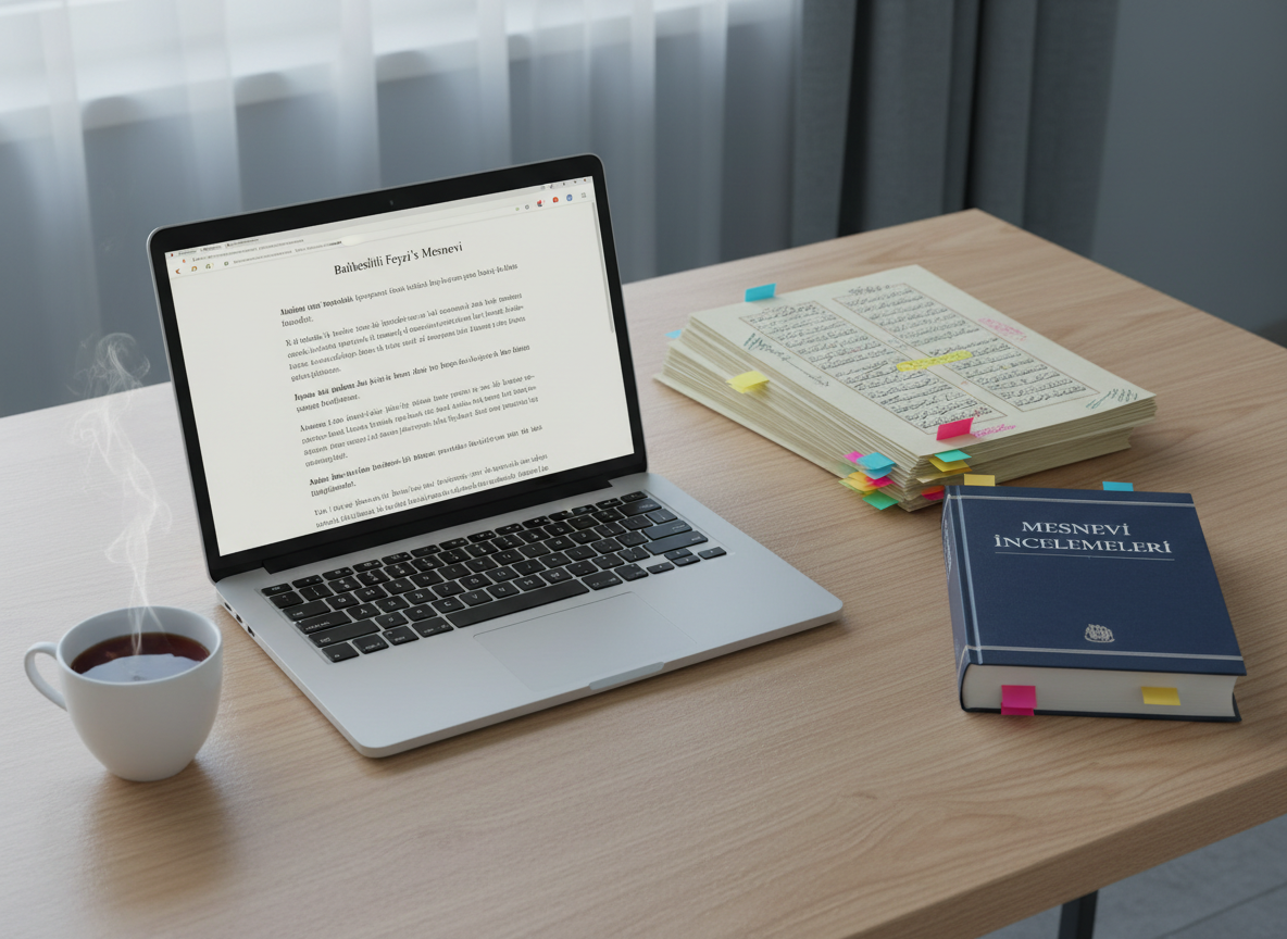 A carefully curated desktop scene symbolizing literary analysis of Balıkesirli Feyzî’s mesnevi: a modern laptop displaying a clean page of Turkish text, alongside printed pages filled with neatly highlighted verses and margin notes. Color-coded sticky flags protrude from a thick academic book labeled “Mesnevi İncelemeleri.” The desk is a smooth, light oak surface, with a single ceramic cup of tea releasing a faint wisp of steam. Cool, even daylight from a nearby window provides balanced, shadow-softening illumination. Captured in photographic realism from a slightly elevated angle, the composition is orderly and uncluttered, projecting a professional, research-focused atmosphere ideal for a serious biographical and literary website.