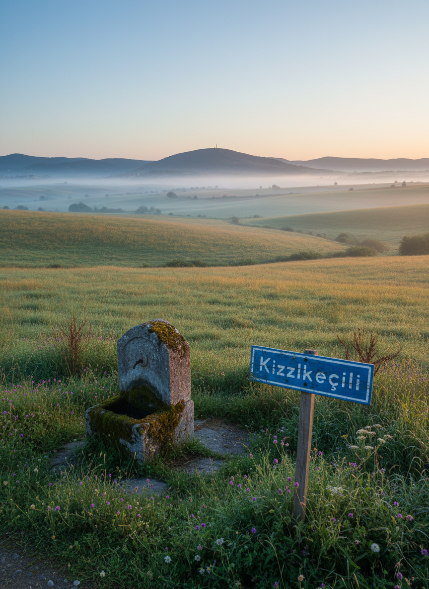 A tranquil Balıkesir countryside landscape at dawn, with gently rolling fields of muted green and golden tones stretching toward low, distant hills. In the foreground, an old stone village fountain and a modest, weathered sign bearing the name “Kızılkeçili” are framed by wild grasses and small, dew-covered flowers. Cool, pale-blue morning light gradually warms near the horizon, casting soft, elongated shadows and a faint mist in the lowlands. Photographic realism with a wide-angle, eye-level composition captures crisp detail in the foreground and soft focus in the distance, evoking a calm, reflective mood that subtly situates the biographical narrative in its geographic and cultural origins.