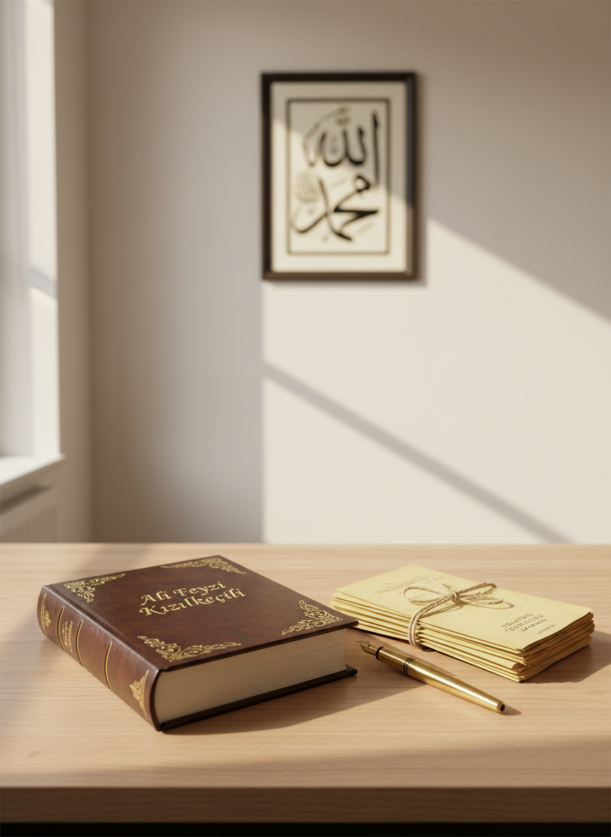 An elegant, leather-bound biography manuscript titled “Ali Feyzi Kızılkeçili” resting on a minimalist wooden table, its embossed gold lettering catching a subtle sheen. Beside it lies a neatly stacked bundle of archival documents tied with twine and an old-fashioned brass fountain pen. The setting is a clean, modern study with pale walls and a single framed calligraphic verse in the soft-focus background. Warm, indirect afternoon light from the left creates a professional, contemplative mood, with crisp shadows outlining each object. Captured from a slightly elevated angle in photographic realism, the composition follows the rule of thirds, emphasizing clarity, order, and the importance of documented life stories.
