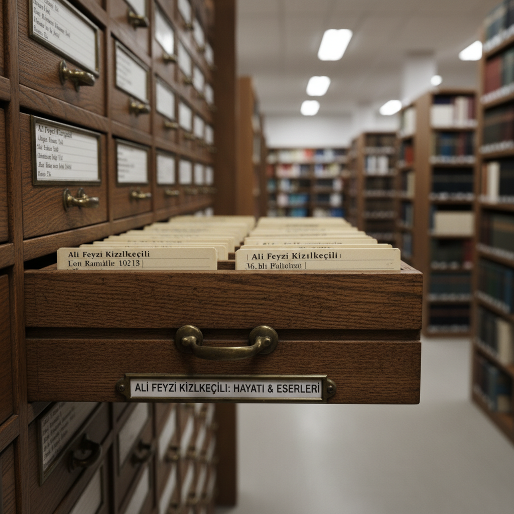 An antique wooden card catalog drawer pulled open from a larger archive cabinet, each manila card meticulously typed with bibliographic entries related to Ali Feyzi Kızılkeçili’s life and works. The edges of the cards are slightly worn, hinting at frequent scholarly use. A slim, metal label holder on the drawer front is engraved with a category in Turkish. The drawer sits in a quiet, well-organized archive room lined with subdued shelves and neutral walls. Overhead, soft, diffused artificial lighting illuminates the scene evenly, creating a calm, methodical atmosphere. Photographic realism with an eye-level perspective and sharp focus on the front cards while the background drawers fade into a gentle blur, emphasizing research and documentation.