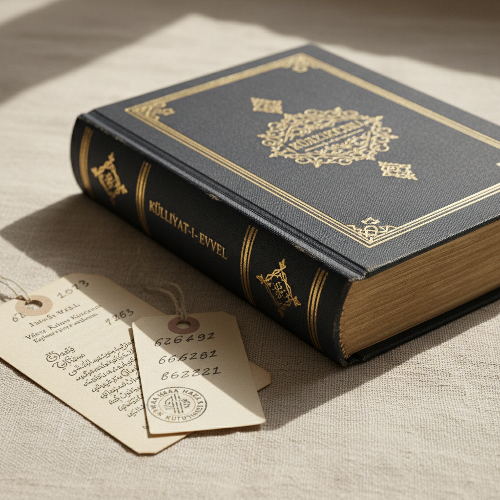 A close-up of a carefully preserved, cloth-bound first edition book of Ali Feyzi Kızılkeçili’s works, its spine detailed with gold-foil lettering and subtle decorative motifs. The book rests slightly open on a finely woven, neutral-toned fabric, revealing pages filled with dense, carefully printed Turkish text. Around it lie a few archival paper tags and a small, discreet library stamp, hinting at scholarly preservation. Natural window light from the side creates soft highlights on the gilded details and gentle shadows in the page folds. Captured in photographic realism with a slightly elevated angle and shallow depth of field, the composition is minimalist and refined, conveying respect, authenticity, and professional seriousness toward the author’s legacy.