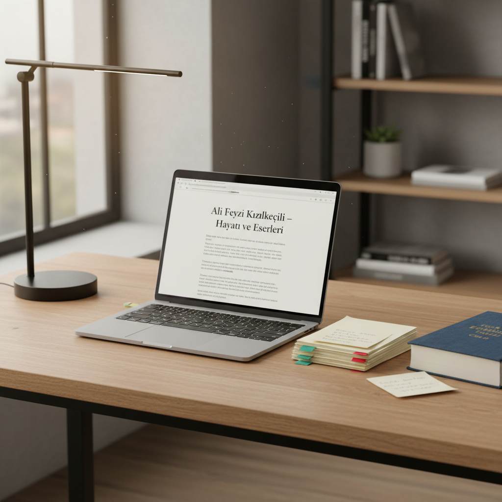 A meticulously organized biographer’s workspace featuring a modern, slim laptop displaying a clean, text-focused page titled “Ali Feyzi Kızılkeçili – Hayatı ve Eserleri” in a professional serif font. Next to the laptop, a stack of printed research notes, color-coded sticky flags, and a hardbound reference book about Turkish literary history create subtle layers of texture. The desk surface is a light, matte oak, kept uncluttered and orderly. Indirect daylight from a large nearby window bathes the scene in soft, neutral tones, while a minimalist desk lamp adds a faint warm accent. Captured in photographic realism from a slightly elevated angle with sharp focus throughout, the overall aesthetic is contemporary, disciplined, and scholarly, ideal for illustrating a serious, well-researched biography project.