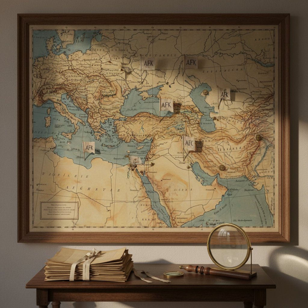 A large, detailed wall map of early 20th-century Turkey and its surrounding regions, mounted in a simple dark wooden frame, with several small linen flags and discreet pins marking locations significant in Ali Feyzi Kızılkeçili’s life. Beneath the map, a narrow console table holds a stack of folded archival documents tied with cotton ribbon and a vintage brass magnifying glass. Warm afternoon light enters from the side, grazing the textured map surface and casting elongated, soft shadows of the pins. Shot in photographic realism from a slightly angled, mid-distance viewpoint, the composition follows the rule of thirds, with the map dominating the upper frame. The mood is analytical yet nostalgic, supporting biographical exploration of geography and historical context.